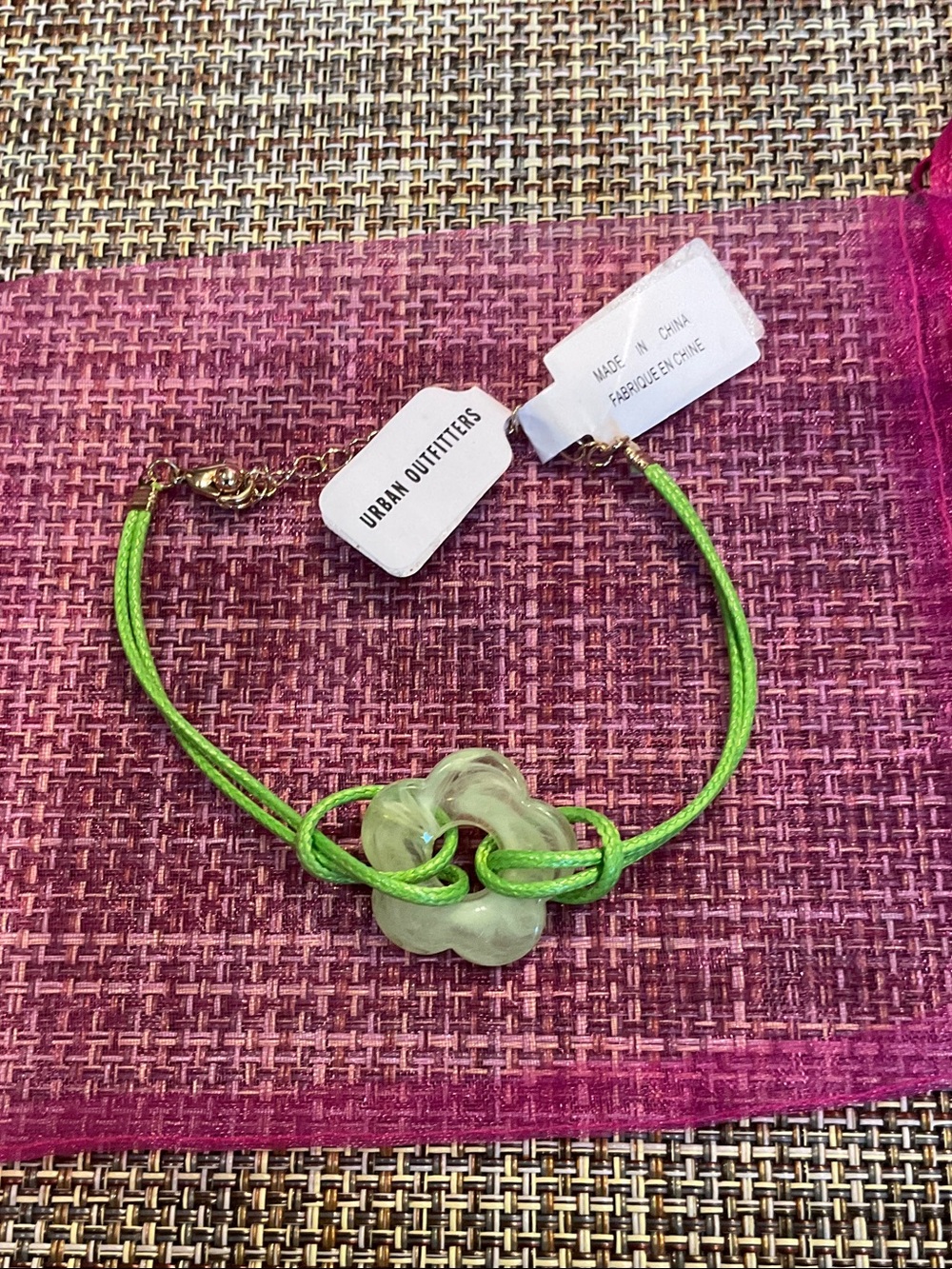 Urban Outfitters Lime Green Cord Bracelet with Clear Flower Charm